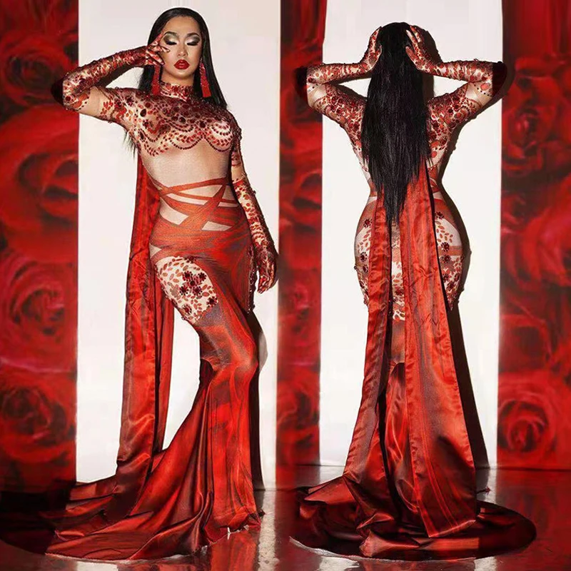 

Women Stage Costume Red Crystal Long Dress Singer Performance Clothes Elegant Party Banquet Evening Dress Rave Clothing VDB6161