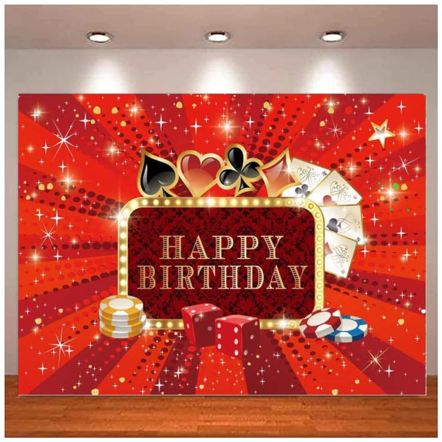 Happy Birthday Photography Backdrop Royal Casino Theme Party Glitter Poker Background Roulette Wheel Chips Cake Table Decoration