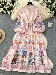 Retro Elegant Flower Long Dresses Women Spring Summer Single Breasted Full Lantern Sleeve Animal Birds Print Maxi Party Vestidos
