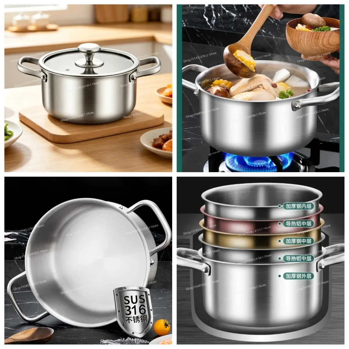 5-Ply Stainless Steel Stock Pot Heavy Bottom Induction Cooking Soup Pot with Lid