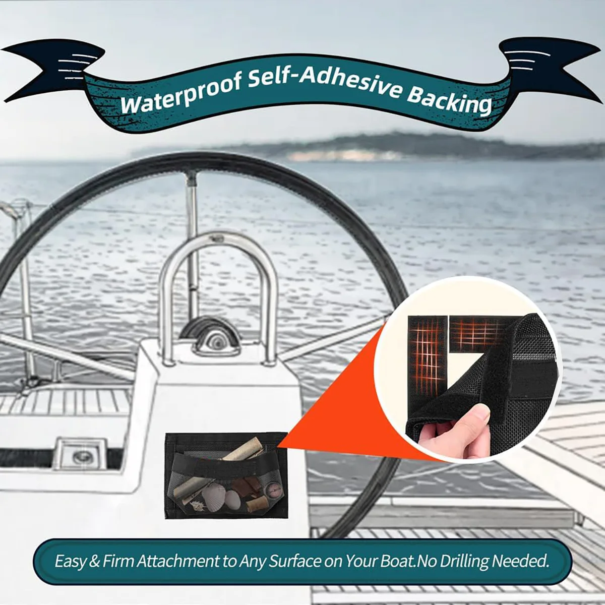 حقيبة تخزين القارب، منظمة دعم ذاتية اللصق، سهلة التركيب والإزالة، حقيبة شبكية لحامل منظم بحري خفيف الوزن