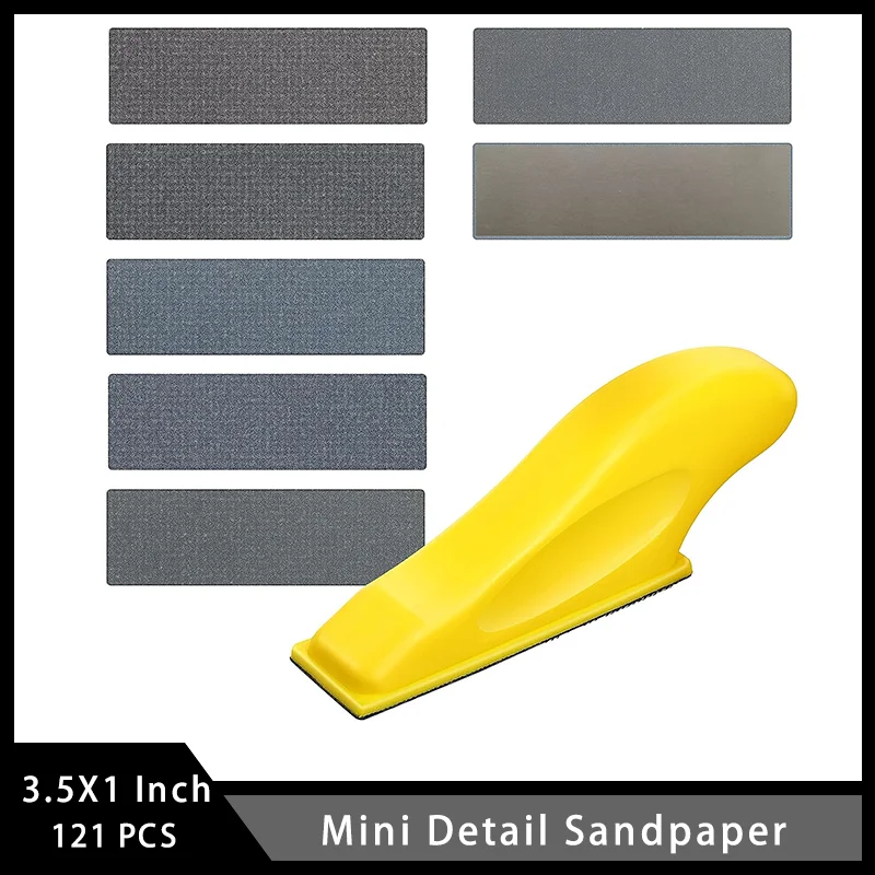 

3.5 x 1 Inch Mini Detail Sandpaper 121 Pcs with Handle Sanding Block for Wood DIY Car Polishing Assorted 400 to 3000 Grits