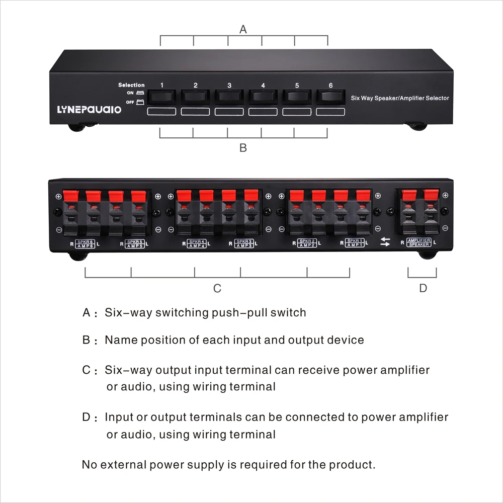 Six way Stereo Speaker Selector Switch Amplifier Selector Bidirectional Selective Switcher