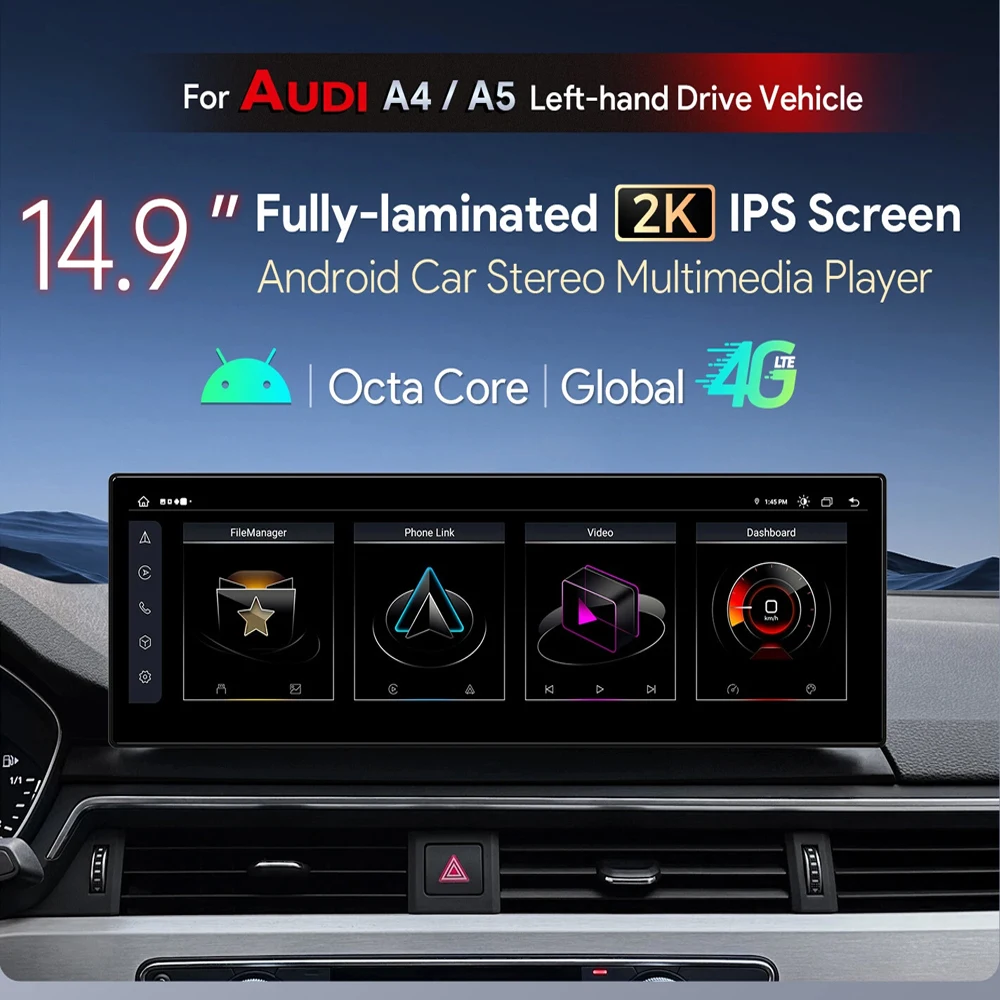 

14.9-дюймовый Android 16 для Audi A4L A4 B9 2017-2019, 8-ядерный процессор, беспроводной CarPlay, GPS, DSP, HD сенсорный экран, стереосистема, видеоплеер