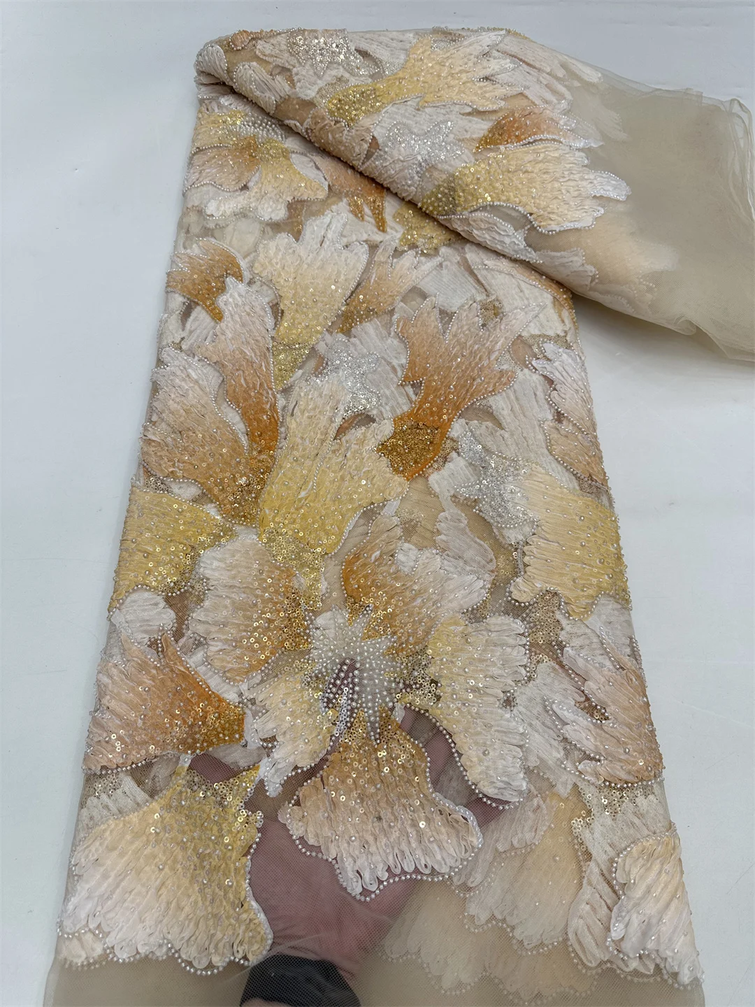 2025 Latest Best Quality Elegante Delicate Embroidered Lace Soft Beaded And Sequins Tulle lace Fabric For Wedding Evening Dress