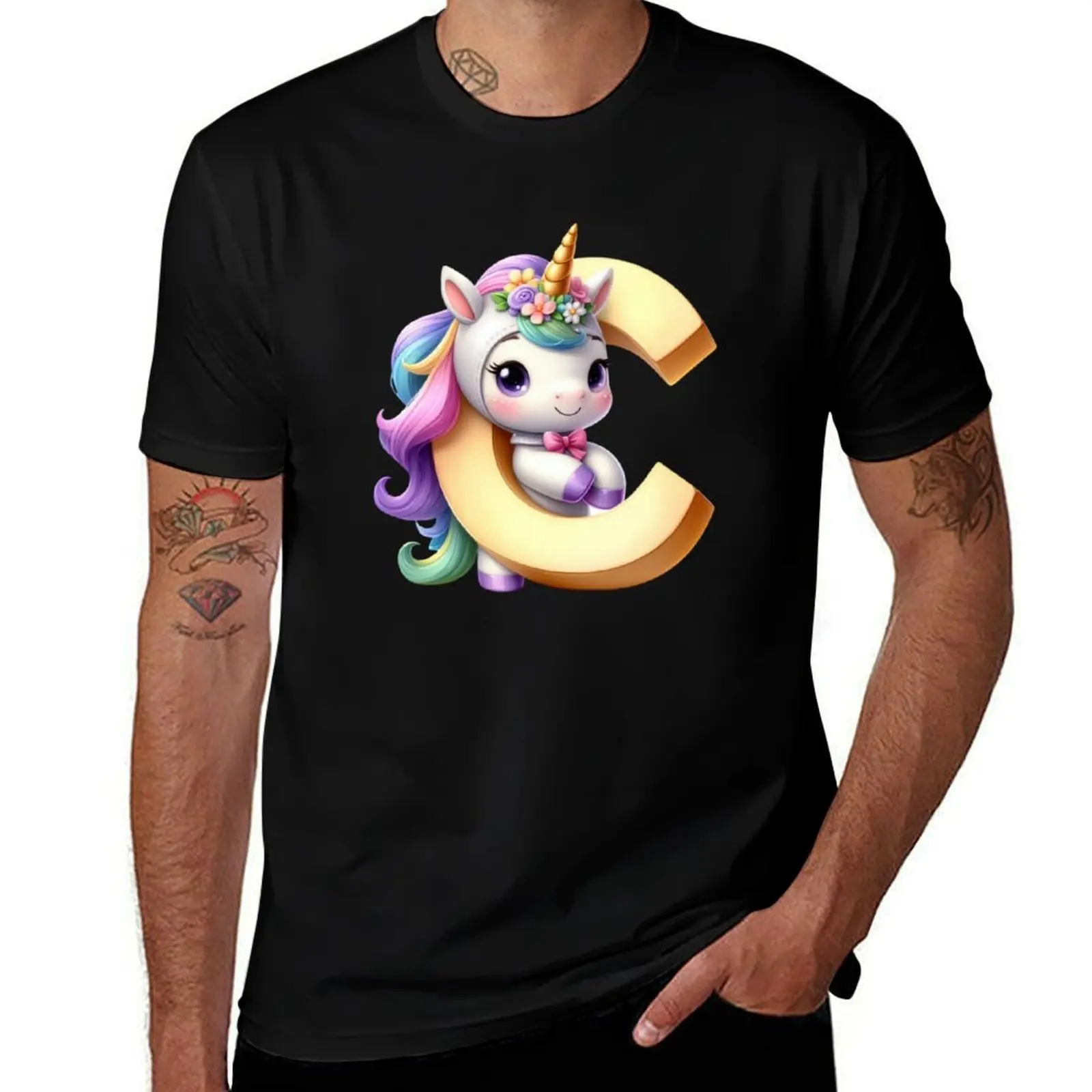 Unicorn kawaii alphabet monogram letter C T-Shirt High Elasticity Sports T-Shirt
