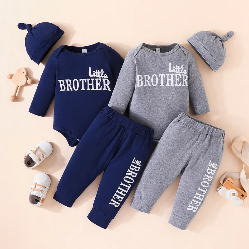 

2024-05-07 Lioraitiin Baby Boy Spring Fall Outfit Letter Print Long Sleeve Romper with Long Pants and Hat 3 Pcs Set