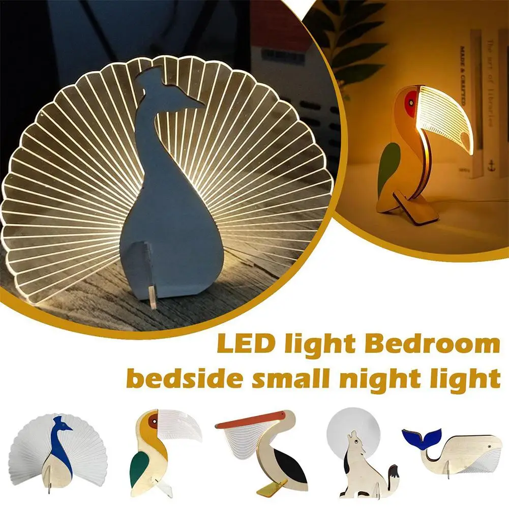 

Portable Fun Animal Night Light Owl Peacock Shape Table Lamp Wooden Ornaments For Home Decoration