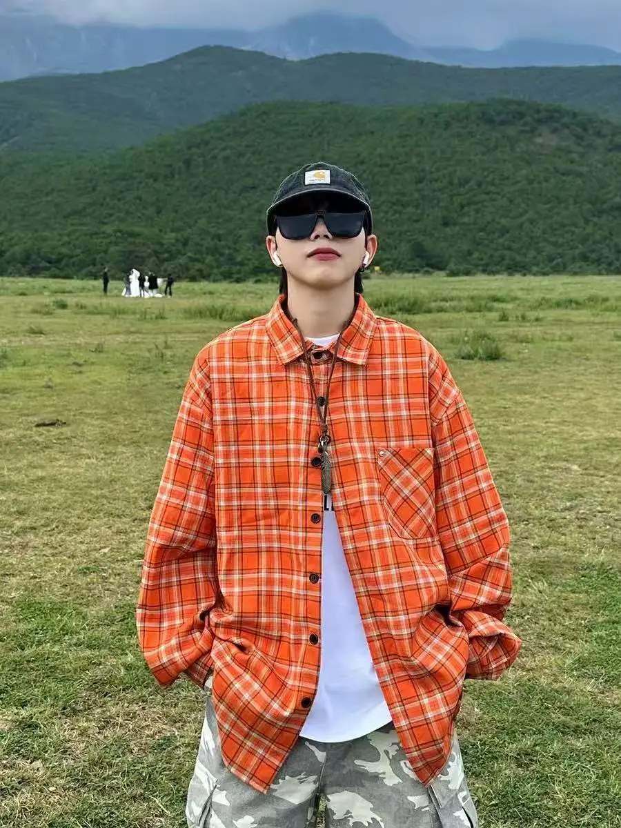 

Мужская удлиненная рубашка в американском ретро-стиле, оранжевая клетка, весна-осень, повседневная, свободного кроя, молодежный тренд