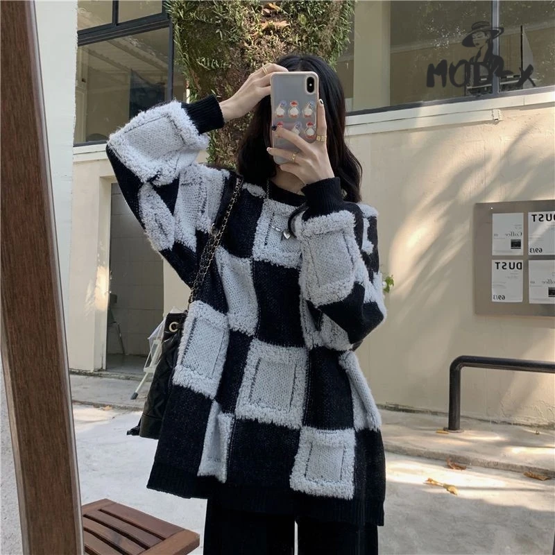 MODX Vintage Checkerboard Checkered Sweater Sweater Women's Thickened Wear Loose And Lazy Style Pullover Round Neck Top Hot New