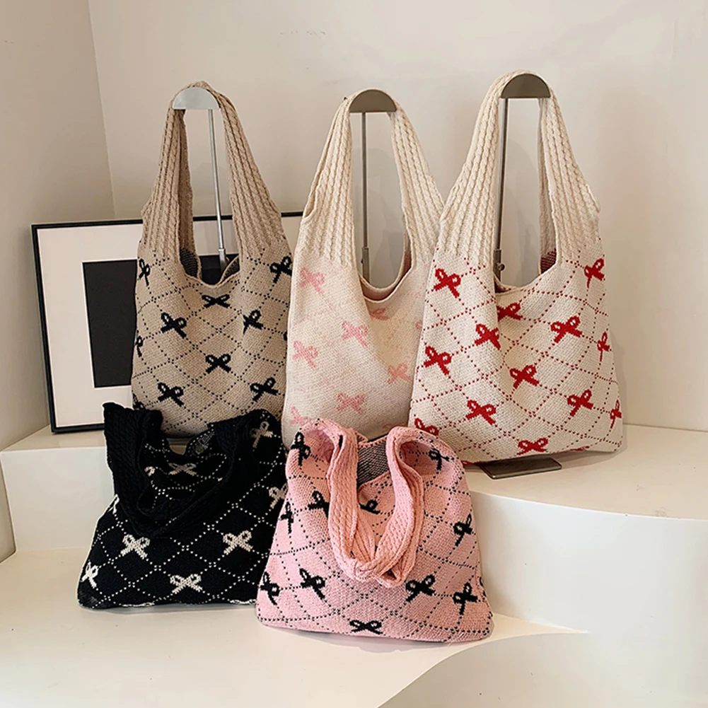 

Women Crochet Tote Handbag Bow Printed Crochet Grocery Bag Large Capacity Travel Shopping Handbag Ladies Daily Handbag