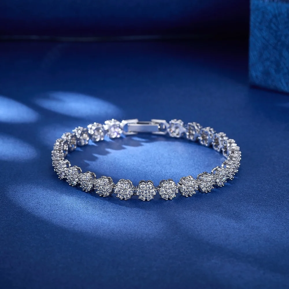 

5MM White Zircon Rhodium Plated Flower Full Fashion Tennis Bracelet High Quality Fine Jewelry