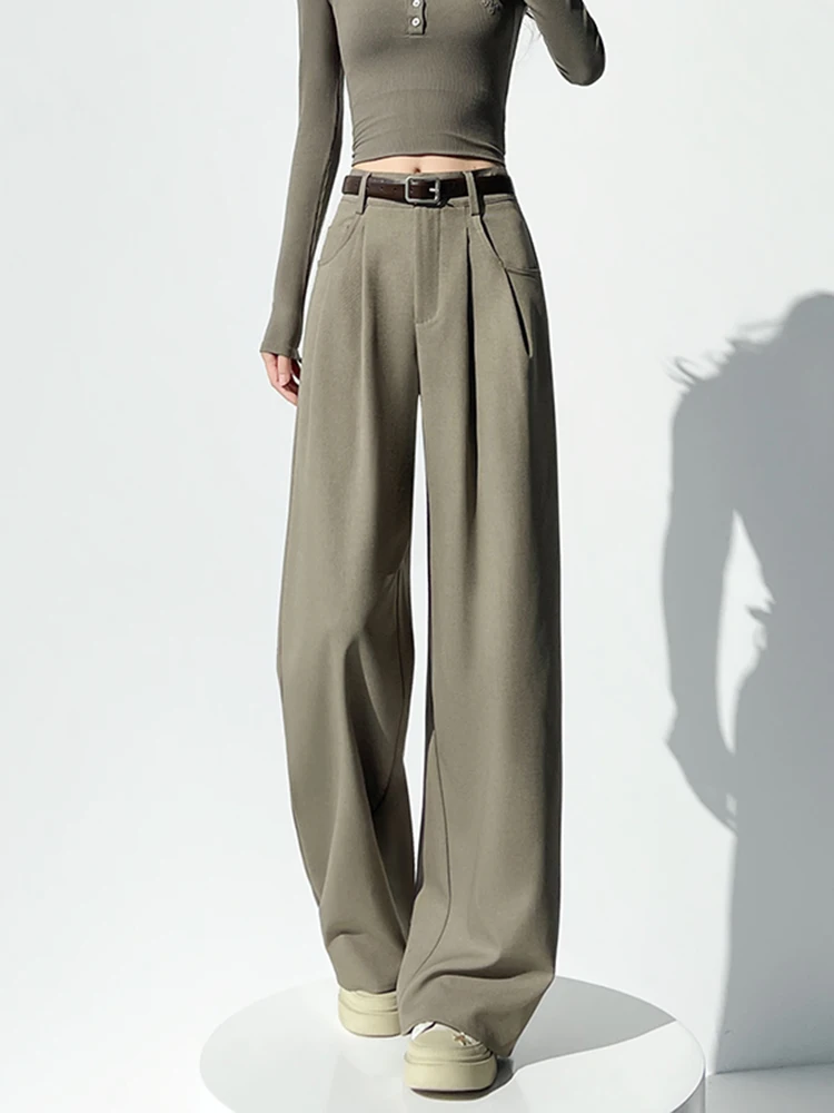 Spodnie damskie z wysokim stanem, ocieplane, dopasowane, codzienne, jesienno-zimowe, modne, z prostymi nogawkami, szerokie spodnie z szerokimi nogawkami.