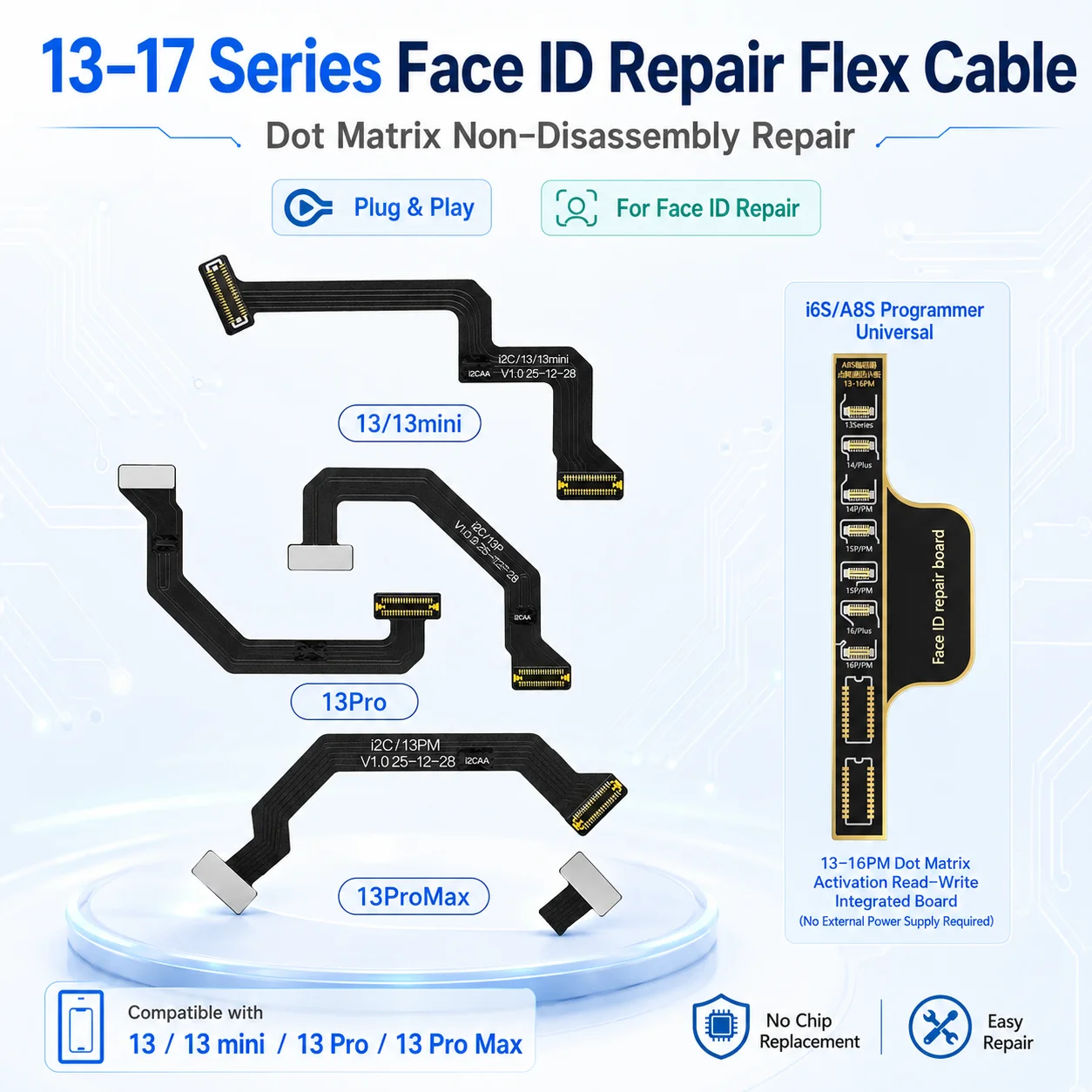

I2C Tag Face ID Flex Cable for iPhone 13 14 15 16 Pro Max Mini JC Dot Matrix Read Write Data Face Recognition Repair Tool Kit IC