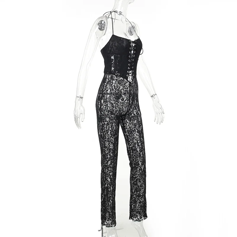 Chicken Eyes Strap Jumpsuit For Women\'s Autumn New Lace Print Perspective Long Pants For Women  YY23476SK