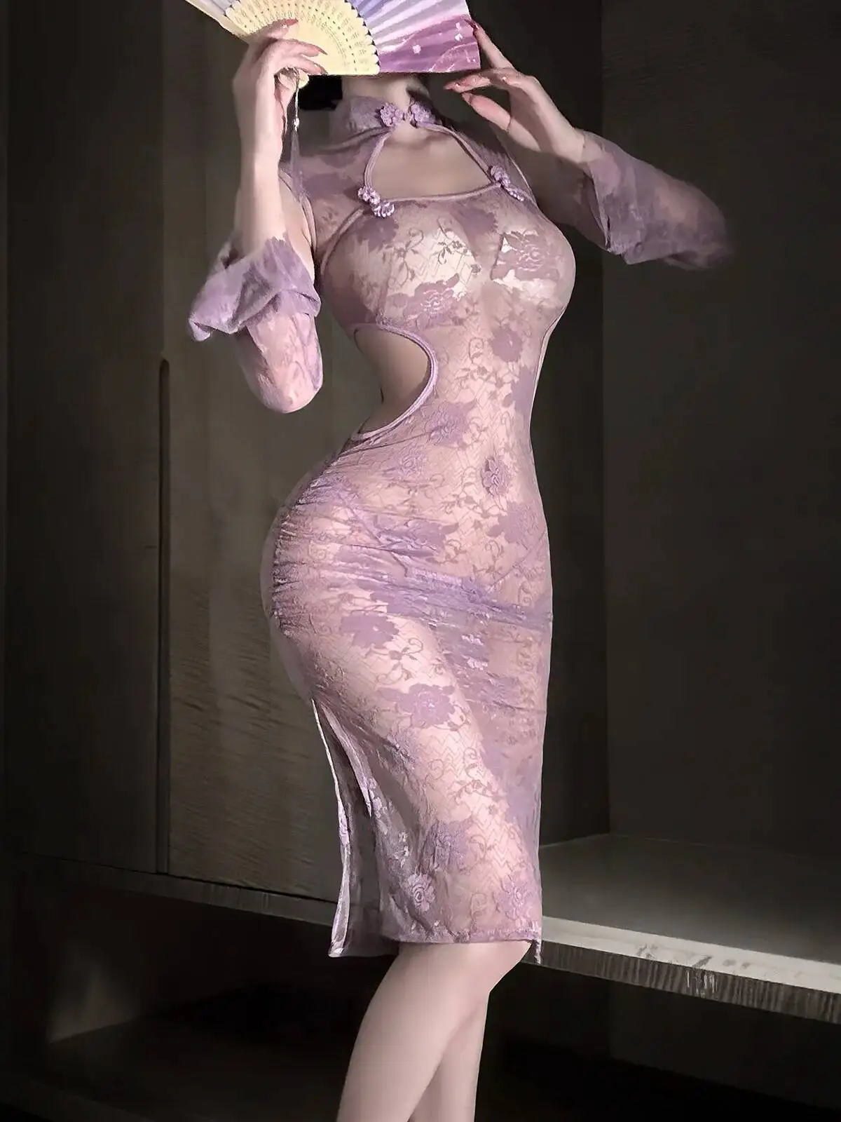 Sexy Lace Purple Dress Elegant Pure Desire Sleepwear Cheongsam Set Hot Girl Hollow Out See-through Women Mesh Lace Sheer 4G0R