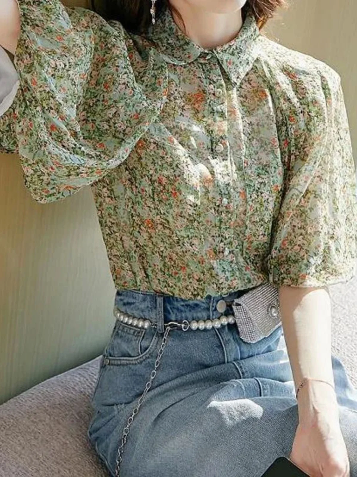 

Loose Casual Women's ort Sve irt Stand Collar Street Sle Printed Casual Faion Spring Collection
