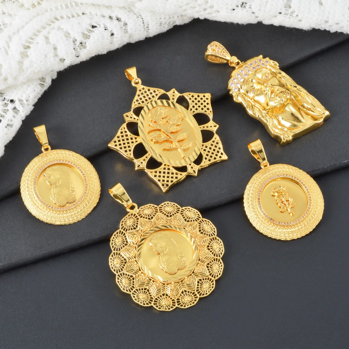 18K Gold Plated Religious Pendant Chain Jesus Rose Fish Hollow Filigree Charm Necklace for Men Women African Vintage Jewelry