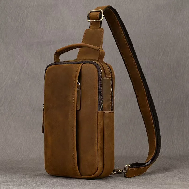 LION VERA Men's Genuine Leather Shoulder Bag Crazy Horse Leather Chest Bag 5-inch Large Capacity Diagonal Cross Bag Casual Bag