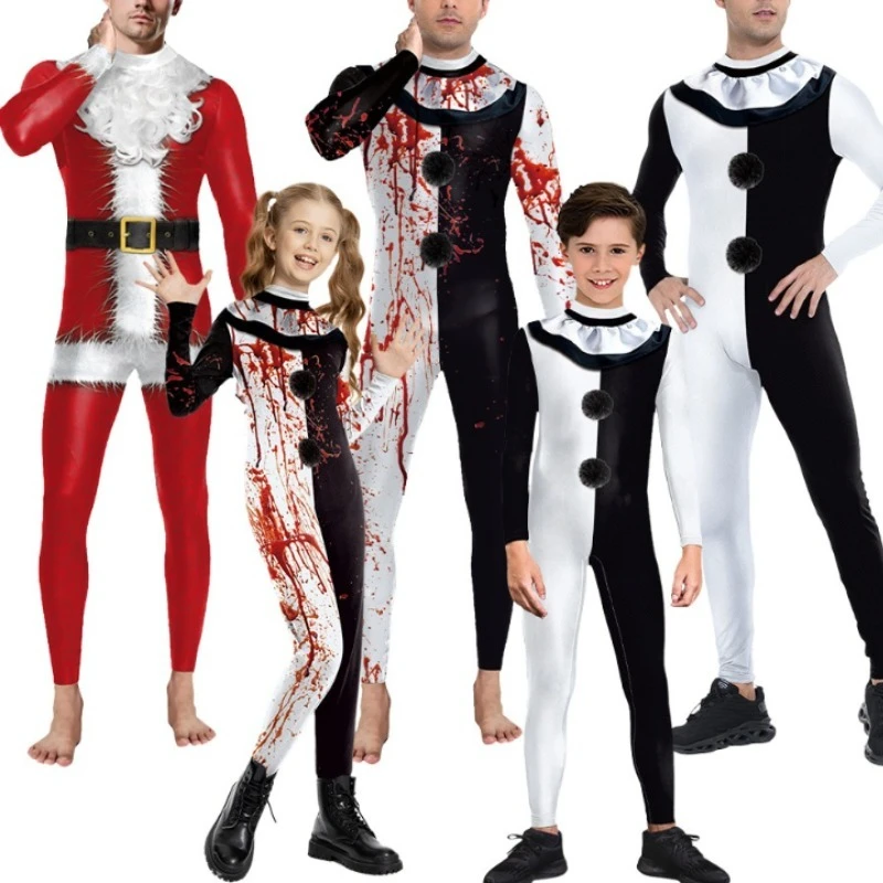 

Костюм клоуна для взрослых и детей на Хэллоуин, Рождество, Bloodstain, цирковое представление, боди ужасов, комбинезон для косплея с 3D цифровым принтом