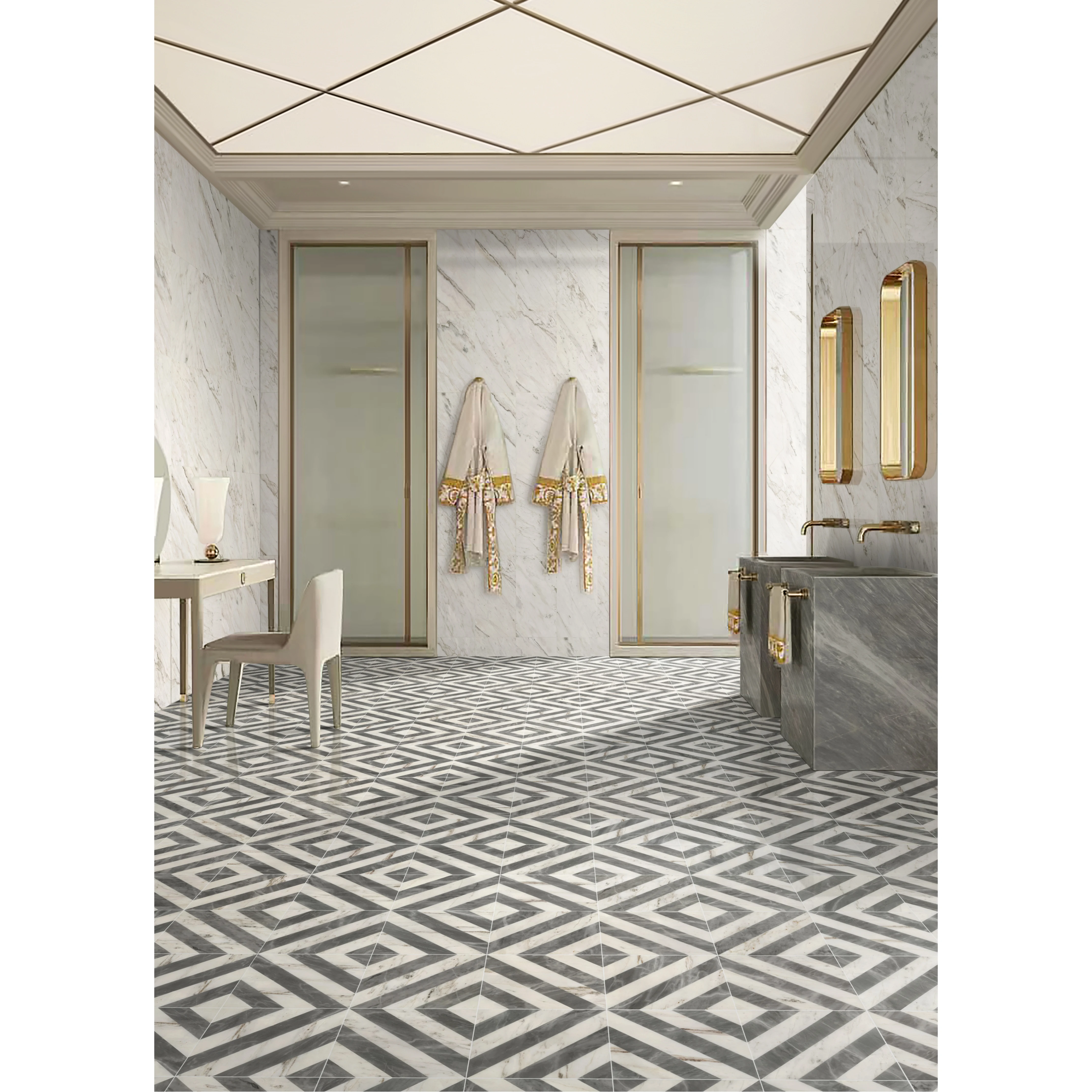 Realizza piastrelle in marmo Variazioni naturali naturali Piastrelle per ambienti Variazioni uniche Waterjet 12 * 12 Marmo a getto d'acqua, Bianco Grigio 2 colori