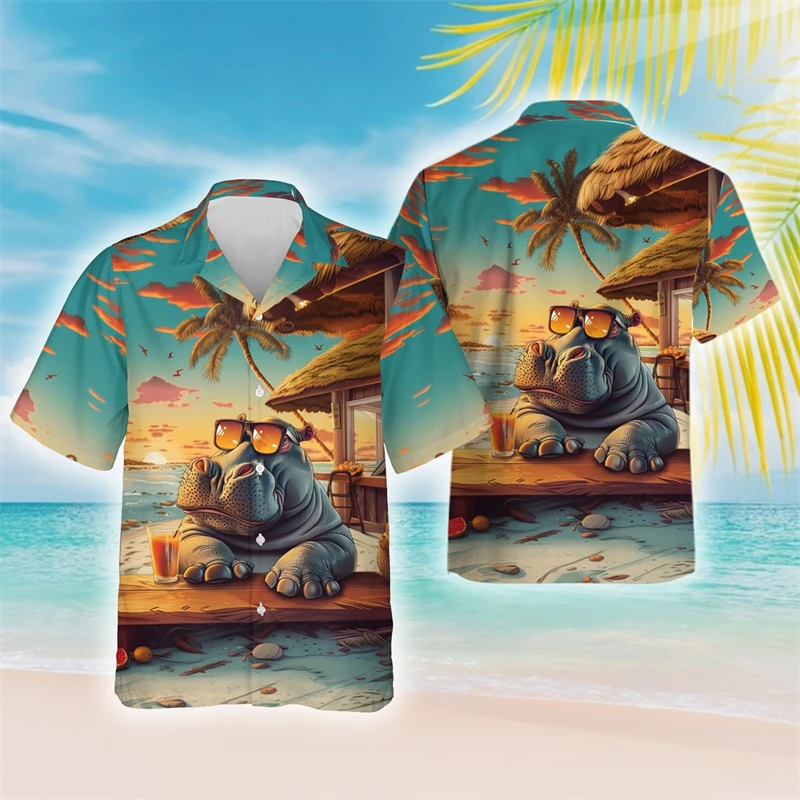 Funny Hippo 3D Printed Beach Shirts Cute Animal Shirt For Men Clothes Hip Hop Male Short Sleeve Blouses Hippopotamus Women Tops