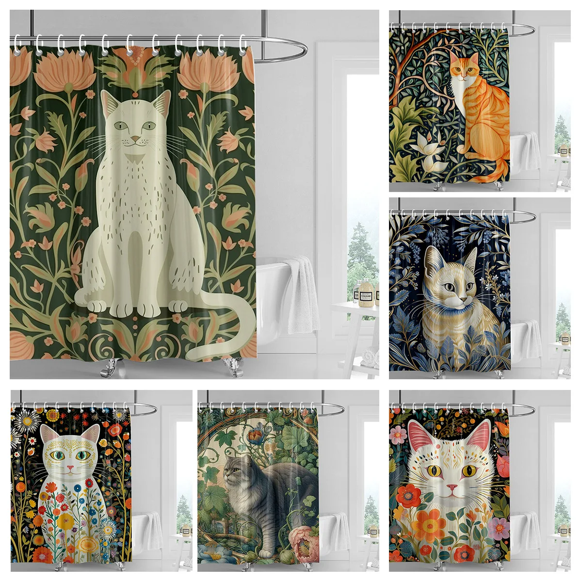 Vintage-Inspired Cat Shower Curtain with Floral&Leaf Patterns, High-Res Print, Charming & Artistic Bathroom Decor for Cat Lovers