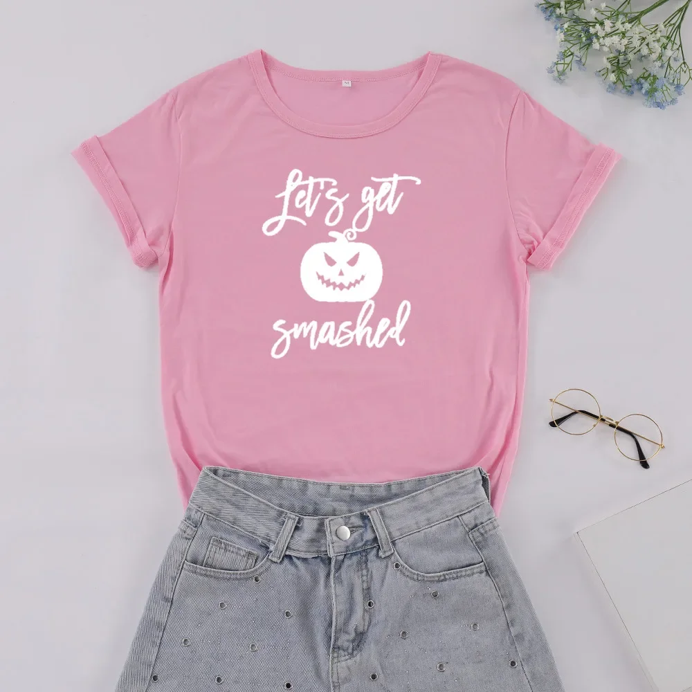 Let's Get Smashed Halloween Tshirt Funny Graphic Women T-shirt Short Sleeve Top Tees Cotton O Neck Shirts