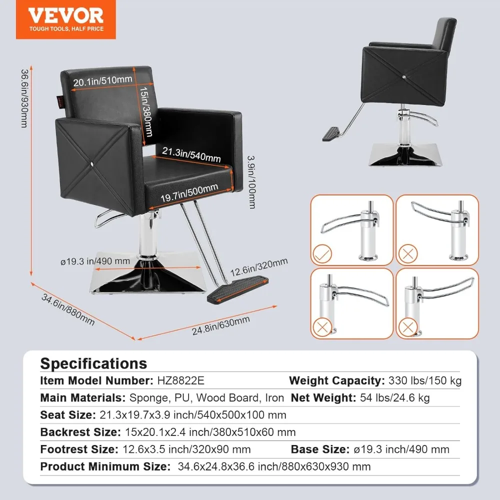 Silla de salón de peluquería con rotación de 360 °, equipada con bomba hidráulica resistente, carga máxima de 330 libras