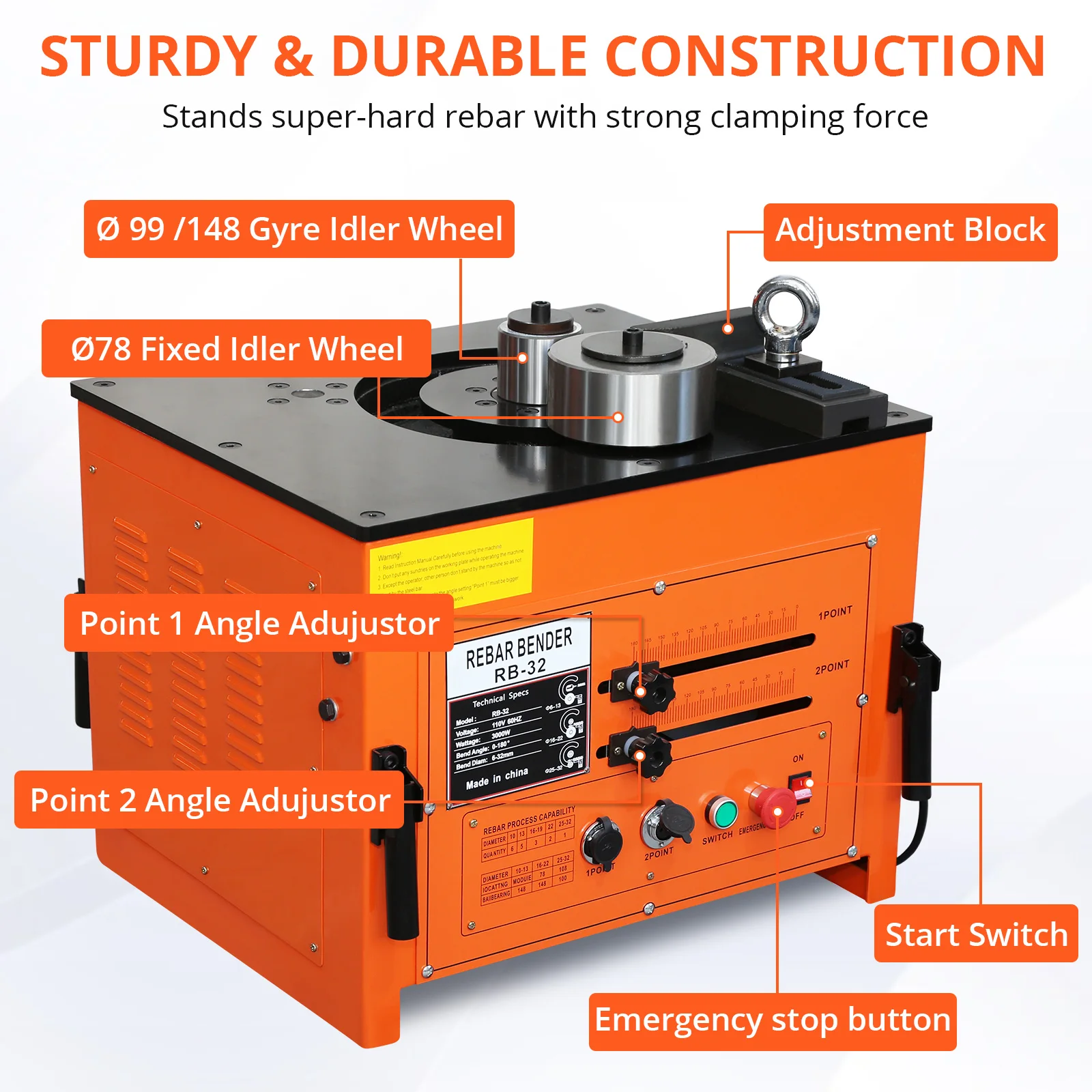 Máquina dobradora de vergalhão elétrica de 1600 W/3000 W, alcançar 0-180 °   Ângulos, operar com interruptor de pedal para vergalhão dobrável, barra de aço
