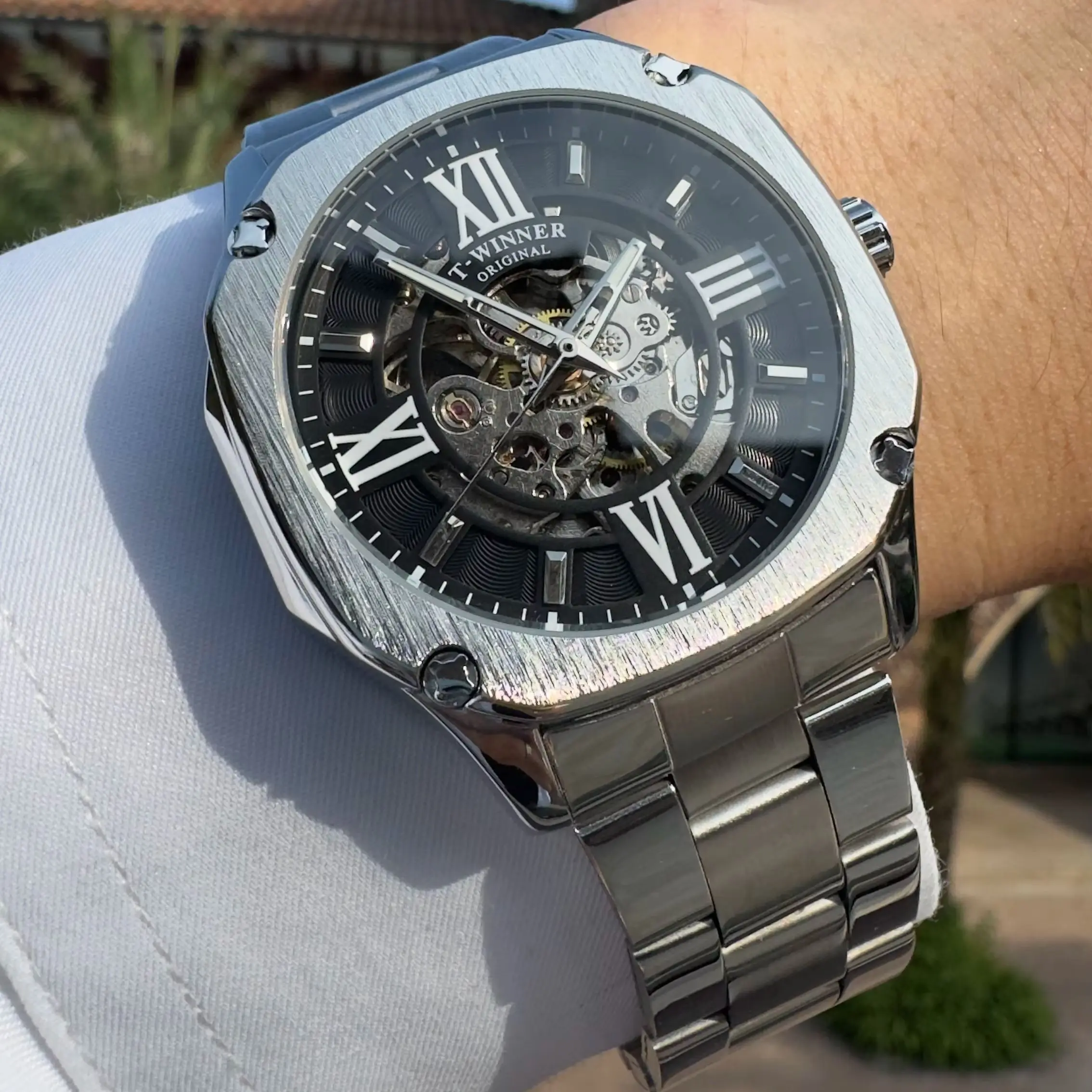 WINNER Business Skeleton Automatic Mechanical Watch for Men Luminous Hands Stainless Steel Strap Luxury Brand Fashion Watches