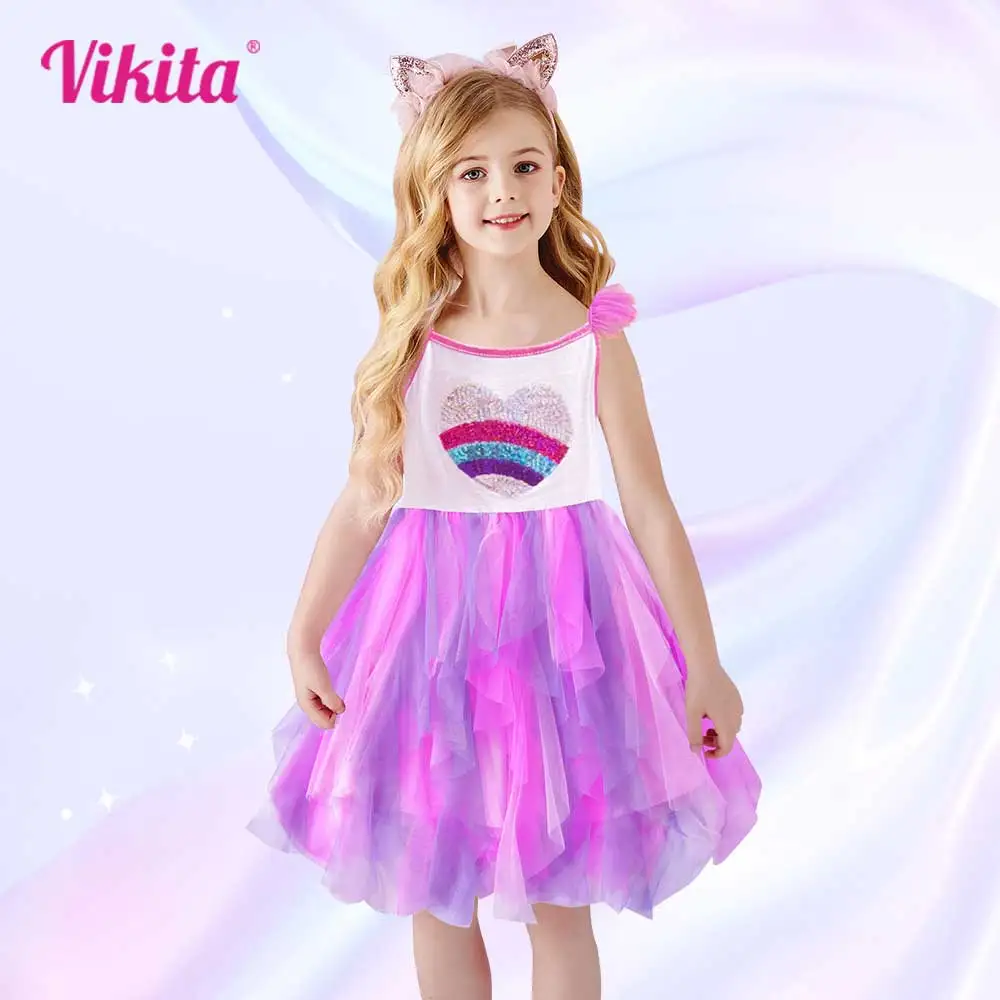 

VIKITA Children Sleeveless Unicorn Dress Summer Kids Dress For Girls Colorful Heart Casual Children Clothes Dress 3-8 Years