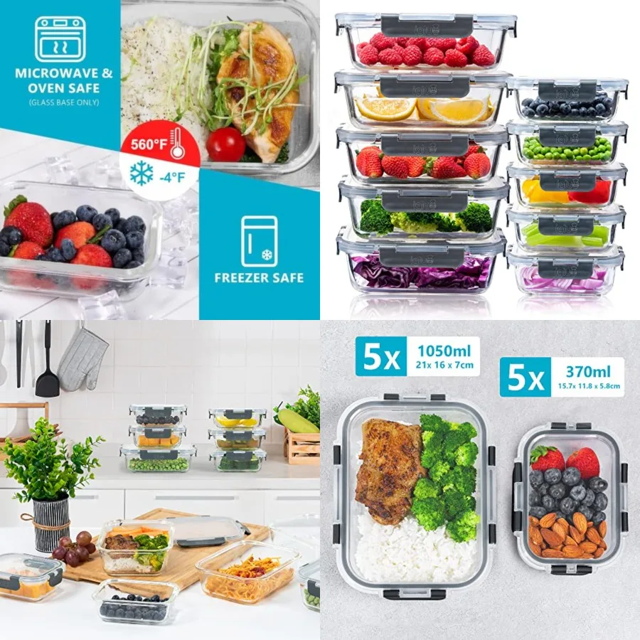 

Glass Containers with Lids 10 Pack Airtight and BPA-Free Oven, Microwave, Freezer and Dishwasher Safe 12.5oz/35.5oz Durable Bor
