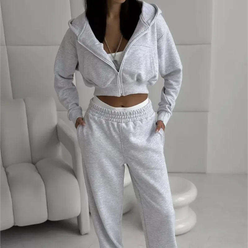 

2025 New Women's Casual Long Sleeve Hooded Cropped Zip-Up Cardigan & Drawstring Sweatpants Two-Piece Active Lounge Set