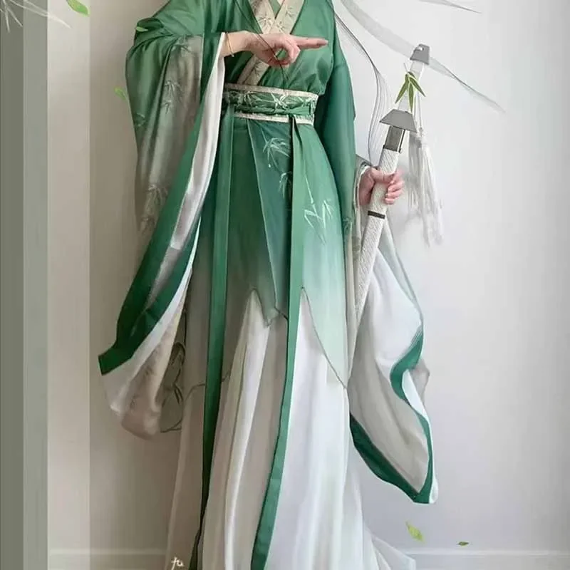 

Chinese Hanfu Dress Costume Women Carnival Cosplay Party Outfit Ancient Traditional Vintage Summer Bamboo Green&White Hanfu