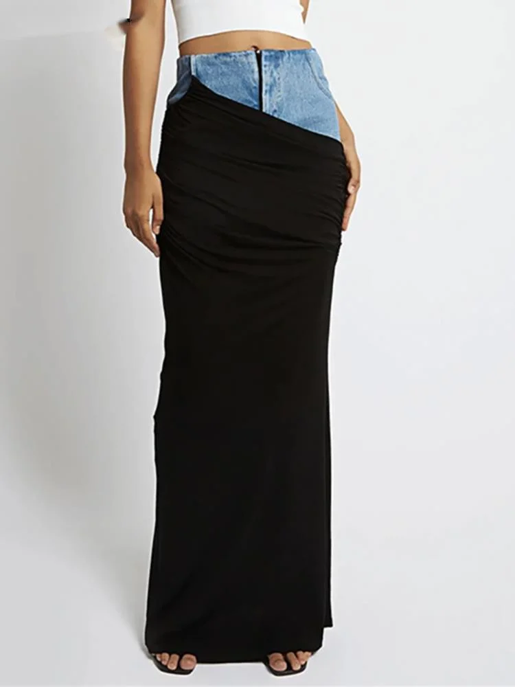 

Fashion Wome Skirts High Waist Deconstruct Patchwork Panelled Asymmetry Denim Pleated Pockets Long Skirt 2023 New C357