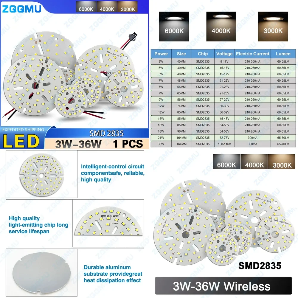 1PCS SMD2835 3W 5W 7W 9W 12W 15W 18W 24W 36W LED Chip High Power Lighting Source for LED Bulb PCB Aluminum Plate Solder Plug