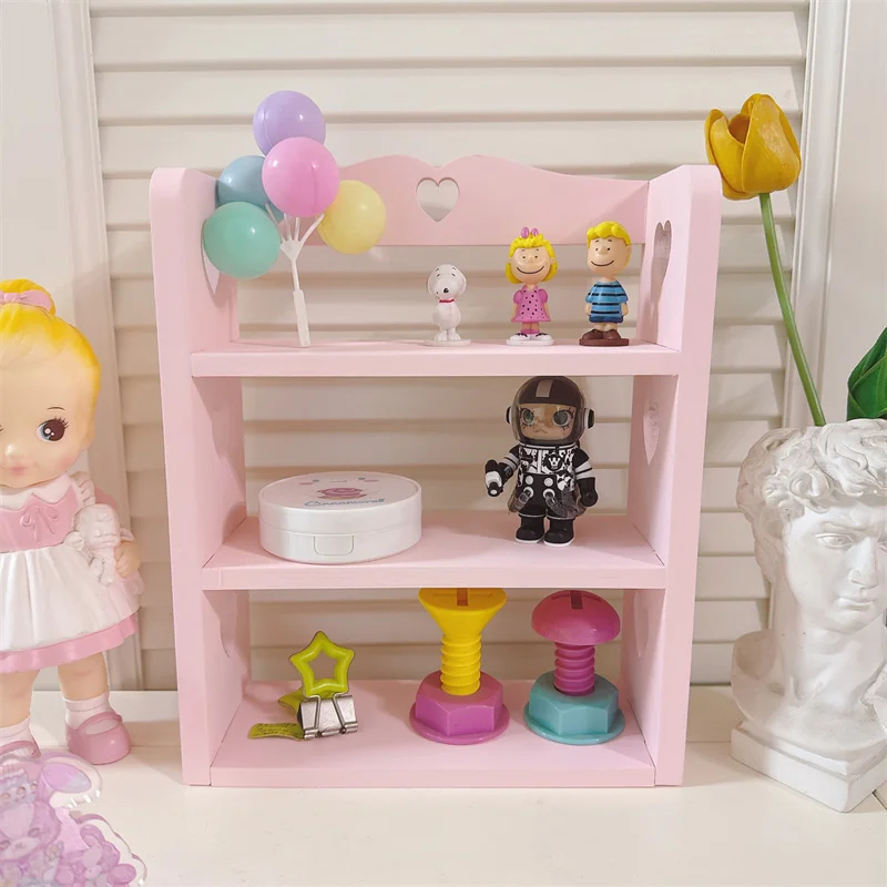 Cute Heart Desktop Organizer Multi-Purpose Storage Shelf for Anime Figures Vintage Makeup Display Case with Space-Saving Design