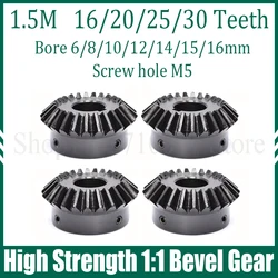 1PC 1:1 Bevel Gear 1.5M 16/20/25/30 Teeth 45# Steel 90 Degree Meshing Angle Steel Gear Screw Hole M5 Bore 6/8/10/12/14/15/16mm