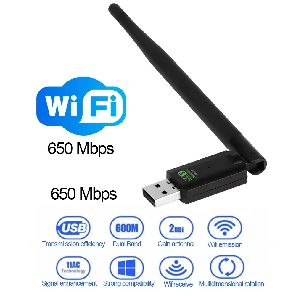 USB Wifi Adapter 650Mbps 5G 2.4G Wireless WiFi USB Ethernet for PC Laptop Desktop Windows Linux WiFi Antenna Dongle Network Card