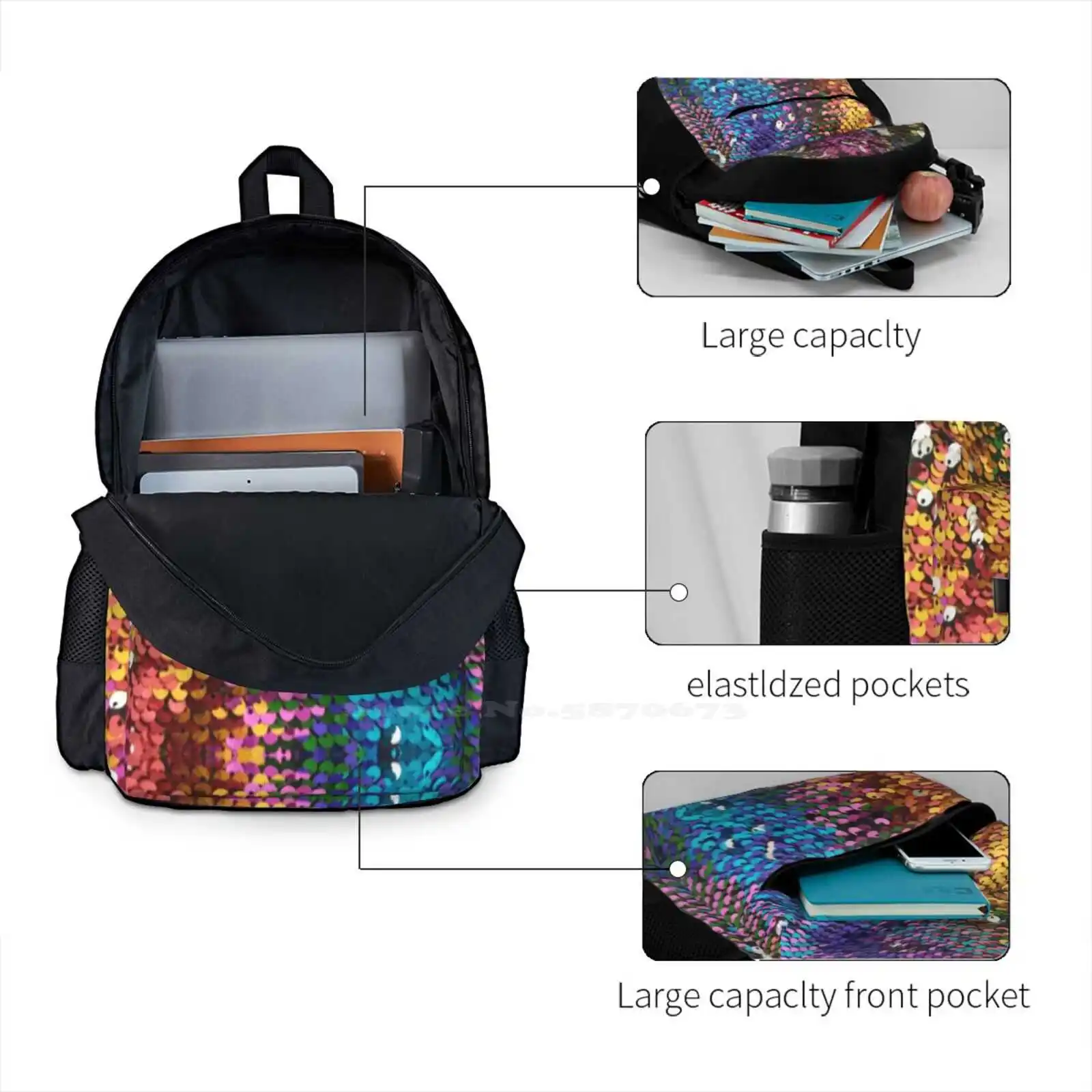 Multi-Colored Sequins Hot Sale Backpack Fashion Bags Sequins Colorful Multicolor Sparkle Glitter Crazy Lady Lynn Lewis Purple