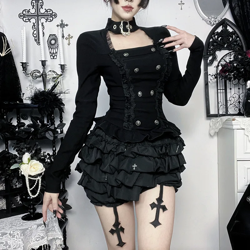 เสื้อยืดสไตล์โกธิคโลลิต้าสีดำแบบฝรั่งเศสสำหรับผู้หญิง แขนยาว แต่งกระดุมและลูกไม้ แนววินเทจ Y2K เหมาะสำหรับคอสเพลย์