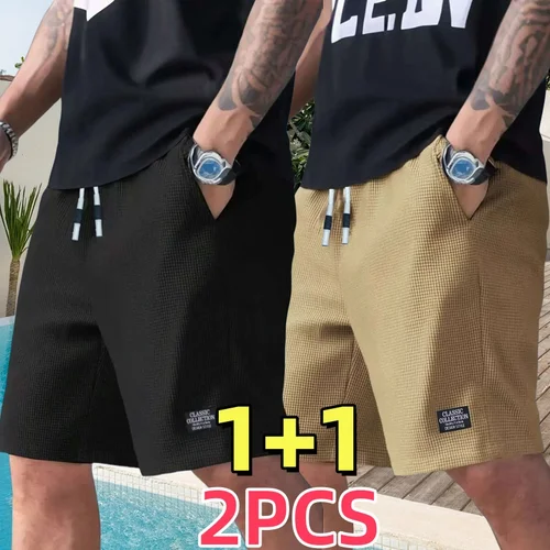 Imagen 2 del producto Paquete de 2, pantalones cortos para hombre, pantalones casuales para hombre, pantalones cortos de playa para hombre, pantalones cortos deportivos para hombre, nueva tela texturizada de moda, pantalones transpirables, adecuados para uso informal y deportes diarios