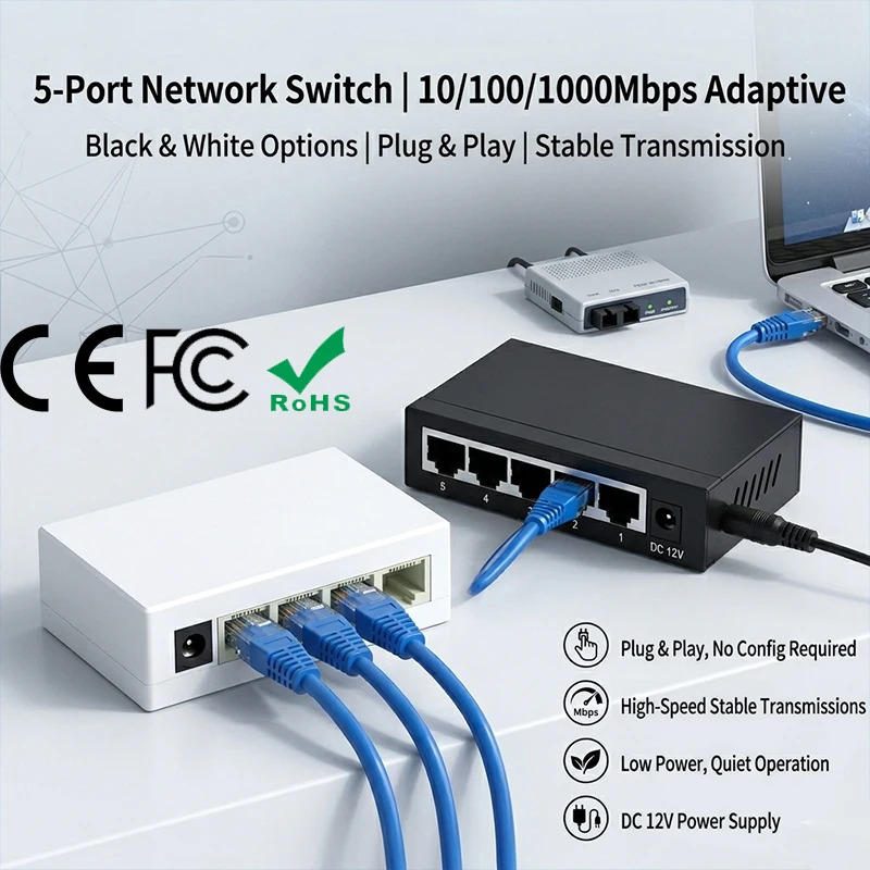 5ポートギガビットイーサネットスイッチ、米国プラグ、10-100-1000mbps、デスクトップ用一般的なイーサネットスイッチ、有線外部ネットワーク用