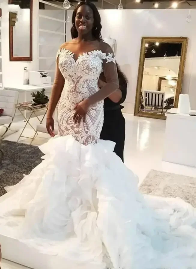 Personalizado sereia rendas vestidos de casamento africano dubai plus size vestidos de noiva ilusão mangas compridas tribunal trem robe de casamento