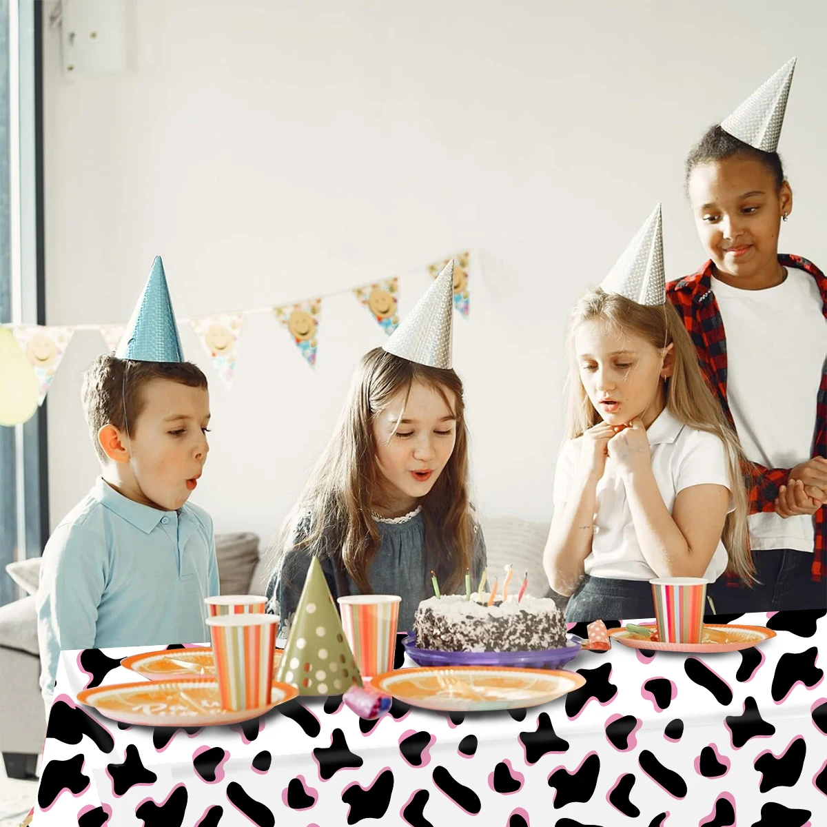 مزرعة البقرة أسود أبيض وردي البقرة طباعة المتاح مستطيل مفرش المائدة مزرعة الحيوان تحت عنوان غطاء الطاولة لوازم حفلة عيد ميلاد سعيد #6