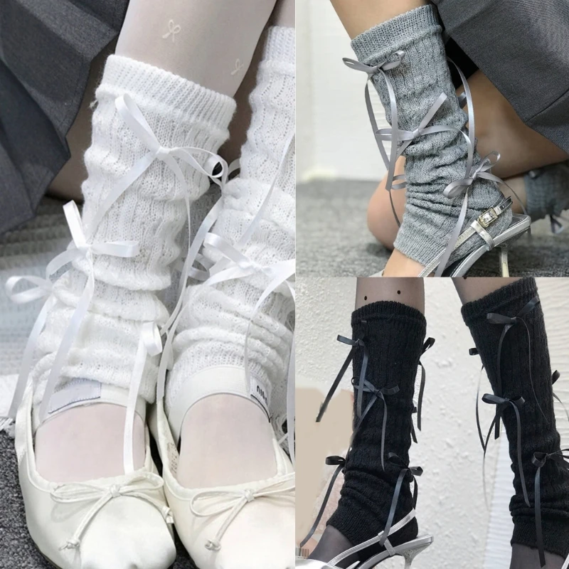 

Women Girls Ribbed Knit Solid Color Leg Warmer Aesthetic Ballet Style Ribbon Bowknot Footless Socks Loose Leg Cover