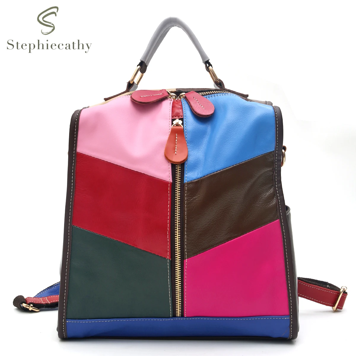 

SC Painted Color Genuine Leather Backpack For Women Functional Large Capacity Multi Pockets Random Patchwork Shoulder Bag Travel