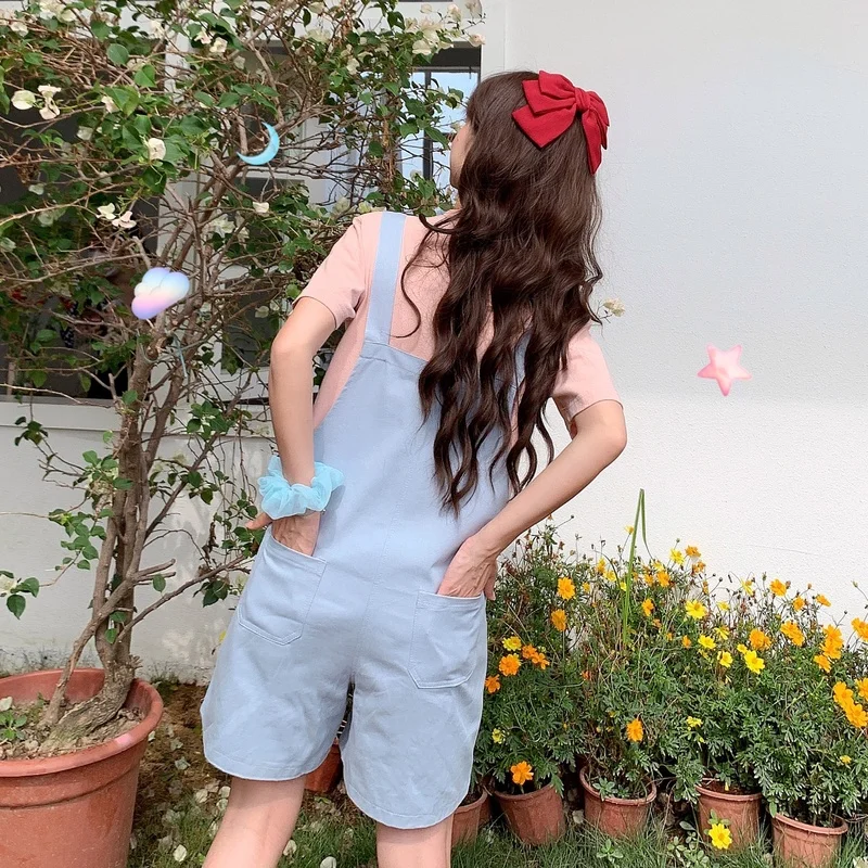 4 cores playsuits feminino sólido verão em linha reta pêssego bordado all-match estilo coreano feminino kawaii casual senhora macacão lazer