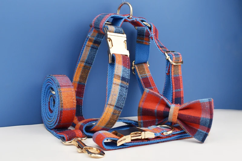 Neu eingetroffen: Personalisiertes Designer-Logo, graues Gitter auf weichem Baumwoll-Hundehalsband, Leinen, Geschirr, Kotbeutelhalter, Schleifen-Set Grid11 – Detail 7